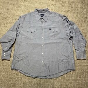 Vintage Wrangler Shirt Mens 19x35 Blue Chambray Pearl Snap Cowboy Western Rodeo